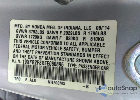2014 Honda Civic Ex from USA, damaged, VIN 19XFB2F8XEE060895